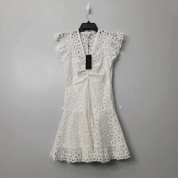 Gianni Bini Tammy V-Neck Flutter Short Sleeve Eyelet Cinched Tie Waist Mini Dres - Picture 3 of 10